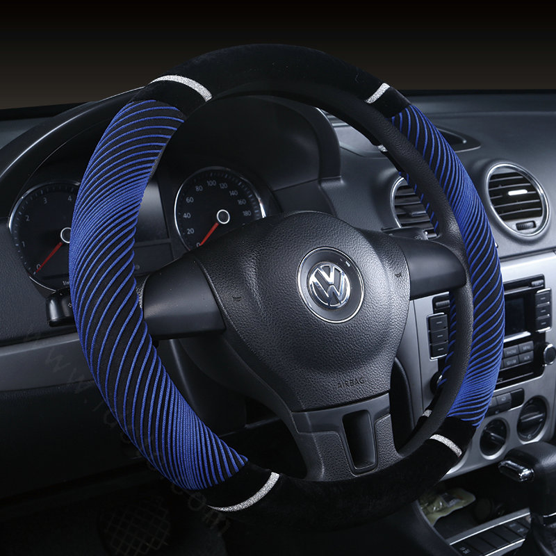 New Winter Stripe Glitter Velvet Car Steering Wheel Covers Plush 15 inch 38CM - Blue