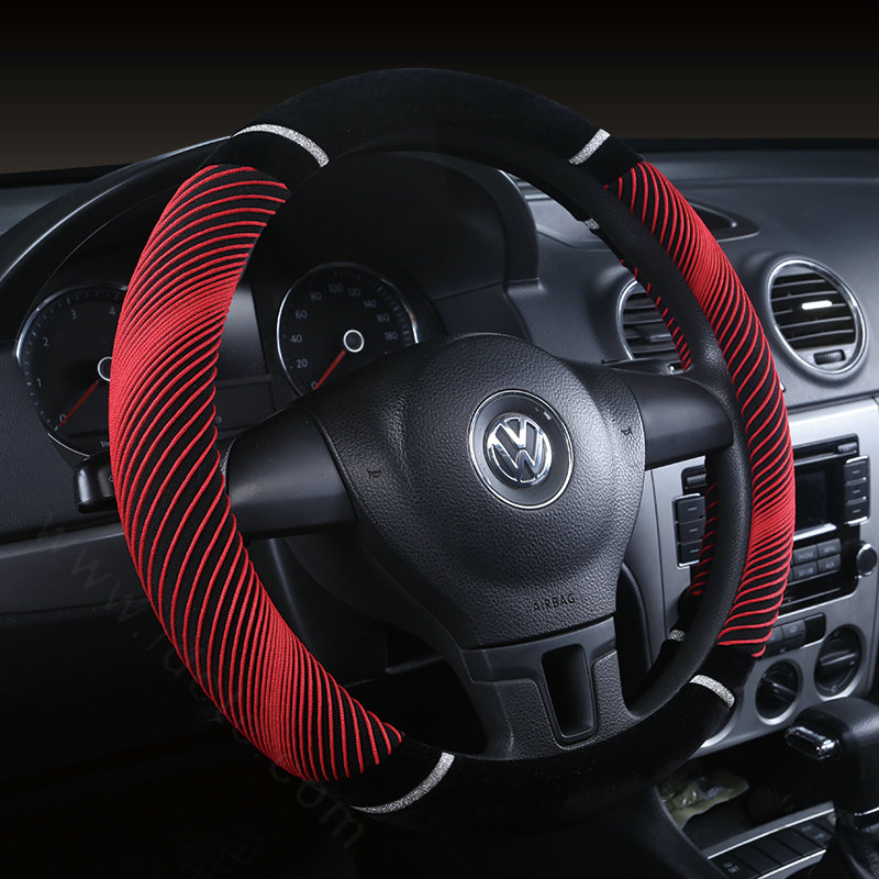 New Winter Stripe Glitter Velvet Car Steering Wheel Covers Plush 15 inch 38CM - Red