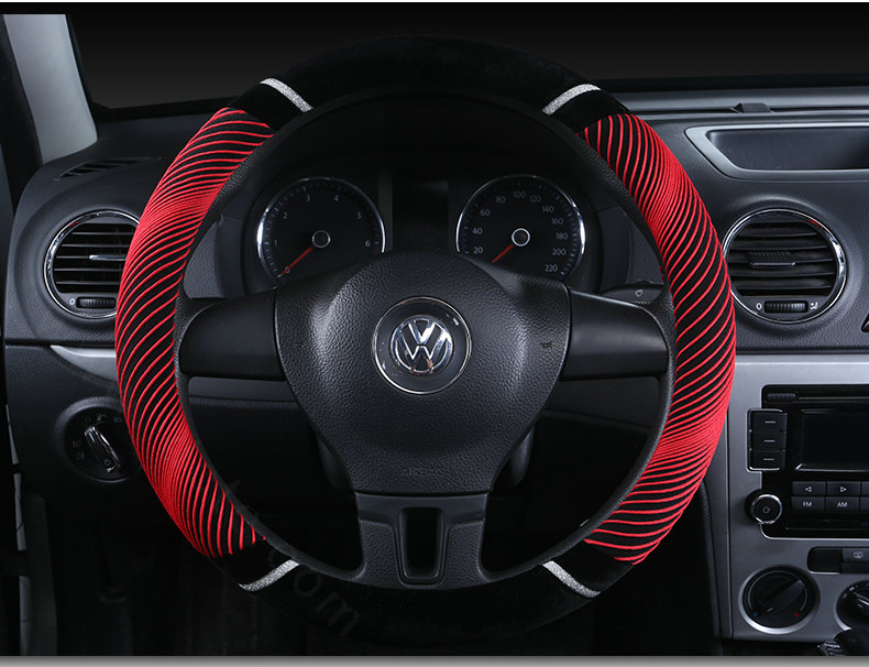 New Winter Stripe Glitter Velvet Car Steering Wheel Covers Plush 15 inch 38CM - Red