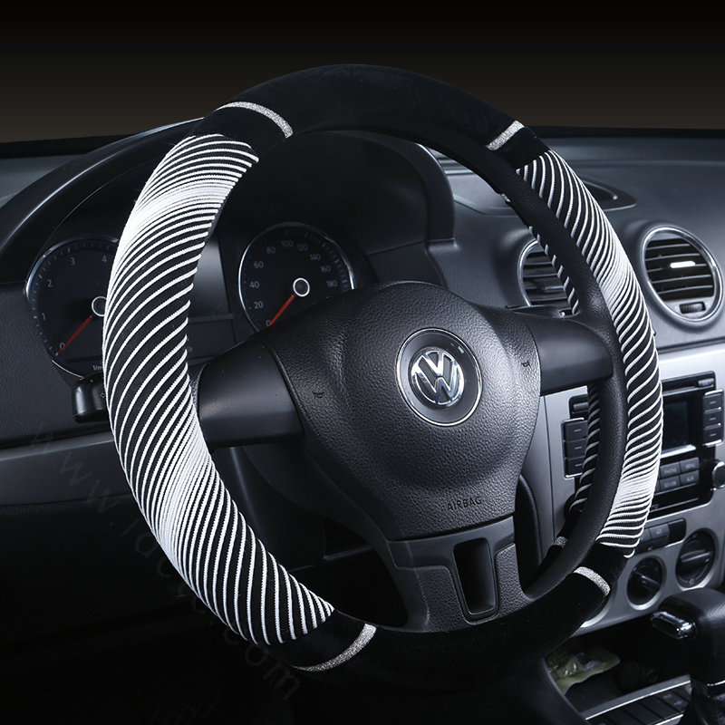 New Winter Stripe Glitter Velvet Car Steering Wheel Covers Plush 15 inch 38CM - White