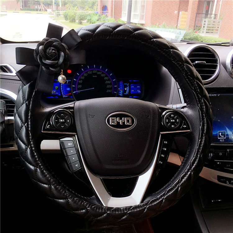 Pearl Camellia Flower Pu Leather Vehicle Steering Wheel Covers 15 inch 38CM - Black