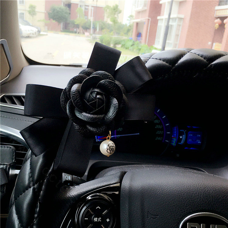 Pearl Camellia Flower Pu Leather Vehicle Steering Wheel Covers 15 inch 38CM - Black