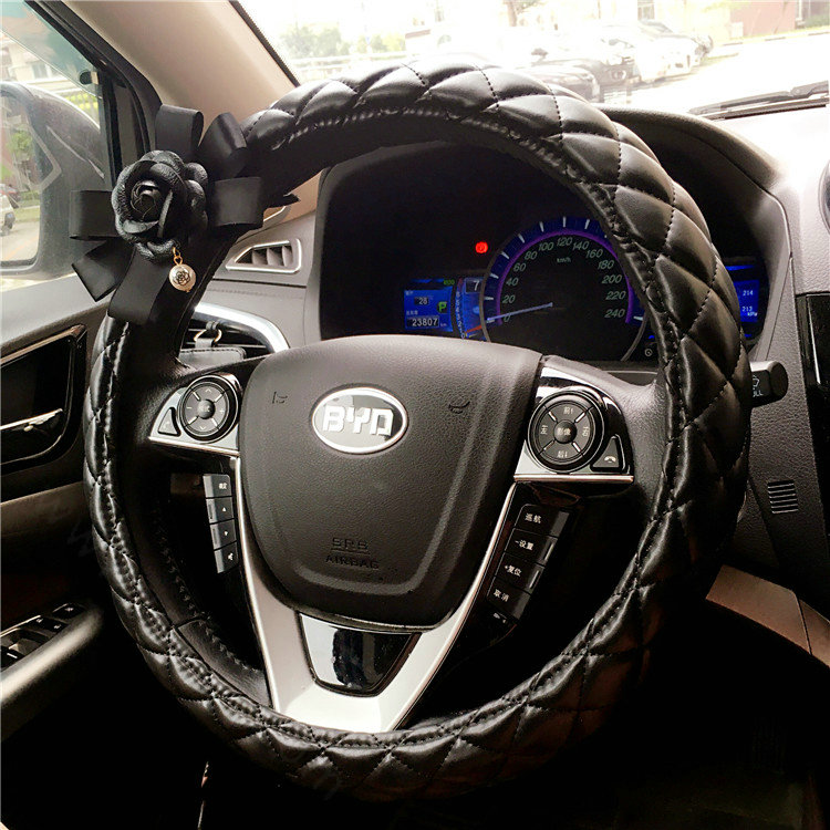 Pearl Camellia Flower Pu Leather Vehicle Steering Wheel Covers 15 inch 38CM - Black