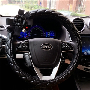 Pearl Camellia Flower Pu Leather Vehicle Steering Wheel Covers 15 inch 38CM - Black