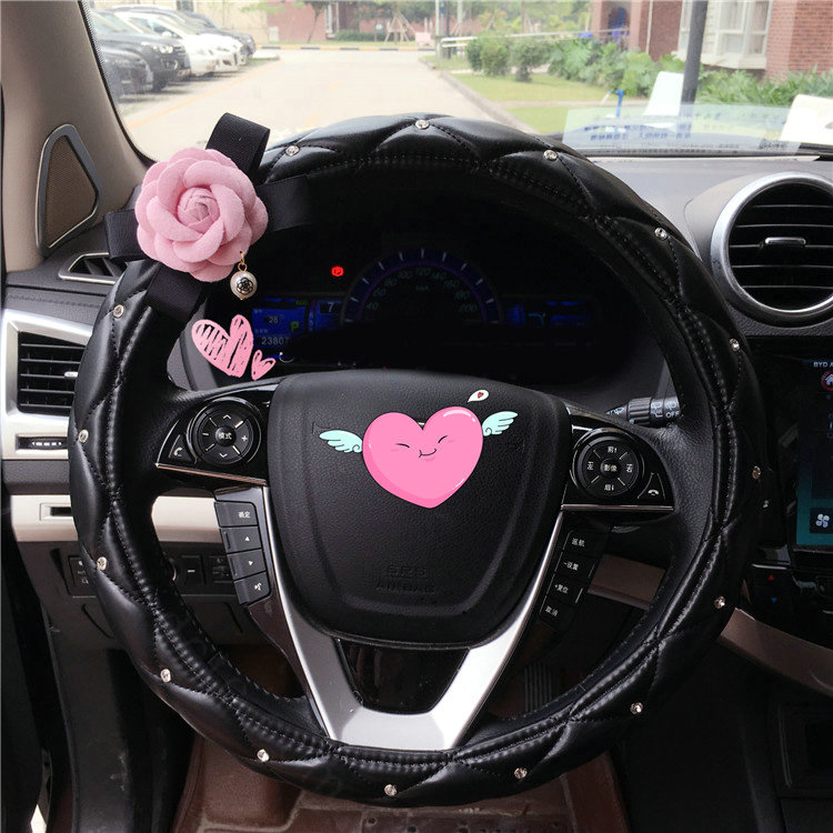 Pearl Flower Pu Leather Vehicle Steering Wheel Covers 15 inch 38CM - Black Pink