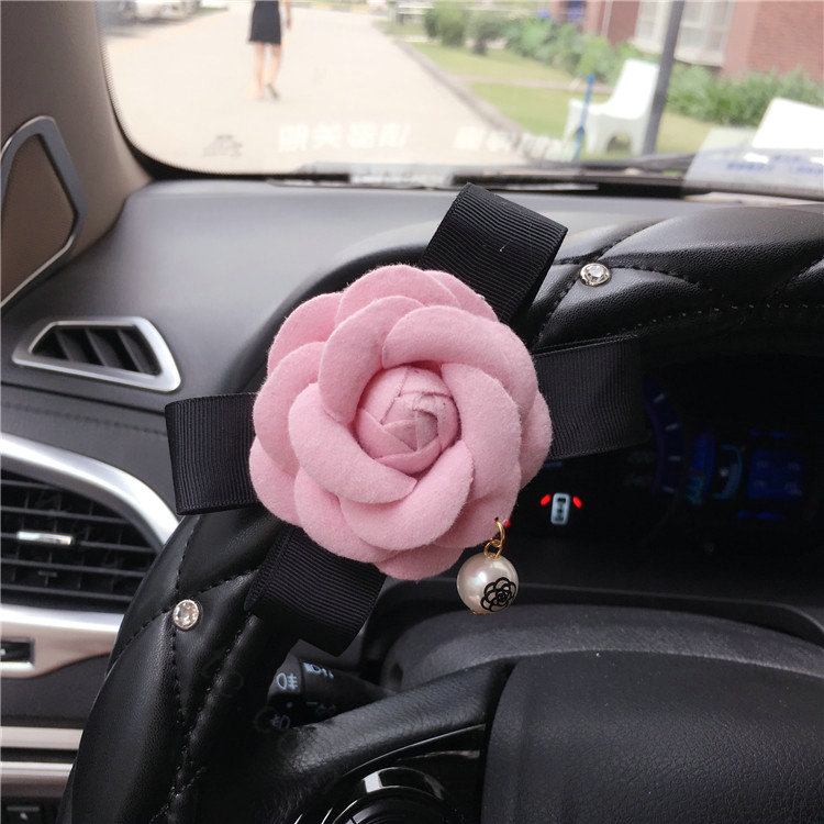 Pearl Flower Pu Leather Vehicle Steering Wheel Covers 15 inch 38CM - Black Pink