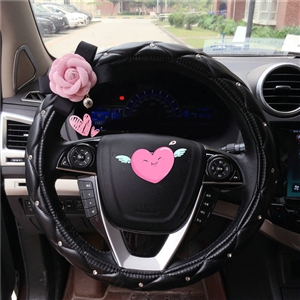 Pearl Flower Pu Leather Vehicle Steering Wheel Covers 15 inch 38CM - Black Pink