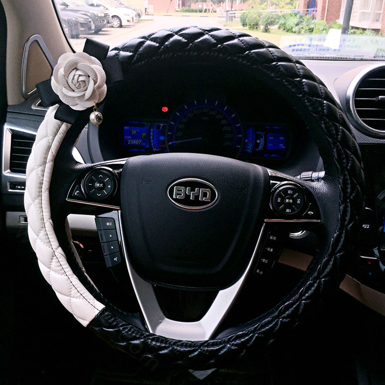 Pearl Flower Pu Leather Vehicle Steering Wheel Covers 15 inch 38CM - Black White