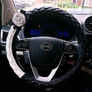 Pearl Flower Pu Leather Vehicle Steering Wheel Covers 15 inch 38CM - Black White