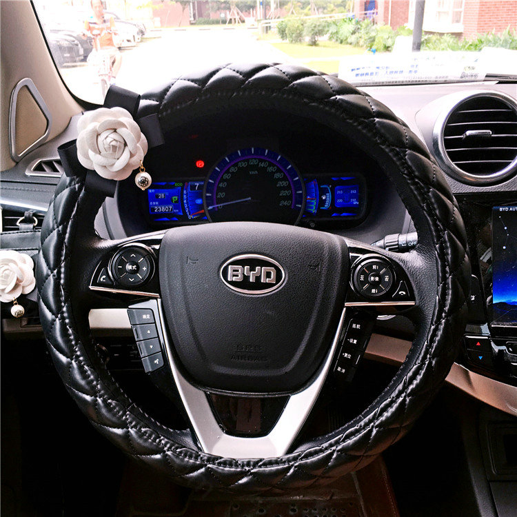 Pearl White Flower Pu Leather Vehicle Steering Wheel Covers 15 inch 38CM - Black