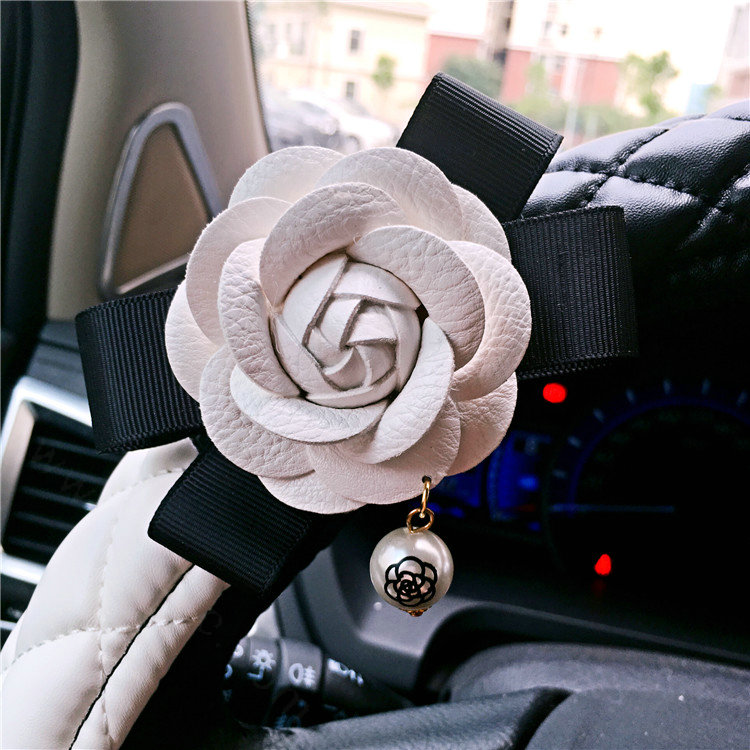 Pearl White Flower Pu Leather Vehicle Steering Wheel Covers 15 inch 38CM - Black