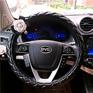Pearl White Flower Pu Leather Vehicle Steering Wheel Covers 15 inch 38CM - Black