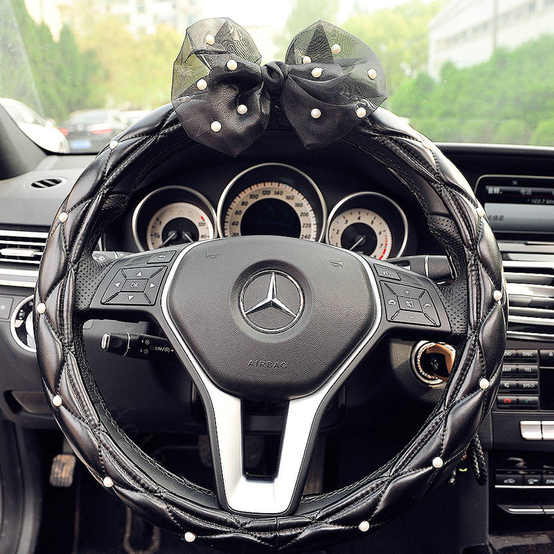 Pearls Lace Bowknot PU Leather Vehicle Steering Wheel Covers 15 inch 38CM - Black