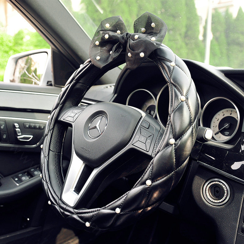 Pearls Lace Bowknot PU Leather Vehicle Steering Wheel Covers 15 inch 38CM - Black