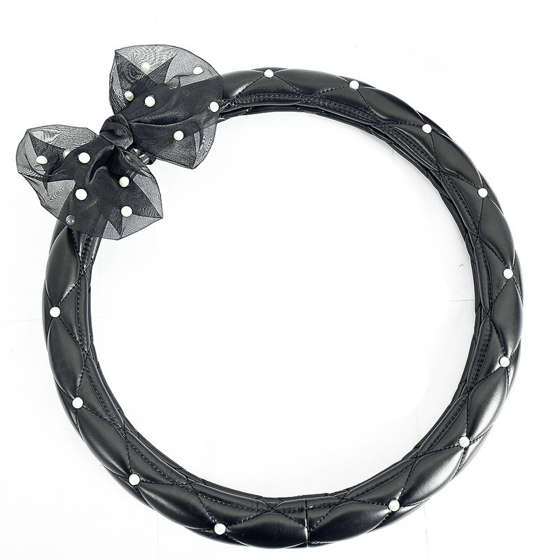 Pearls Lace Bowknot PU Leather Vehicle Steering Wheel Covers 15 inch 38CM - Black