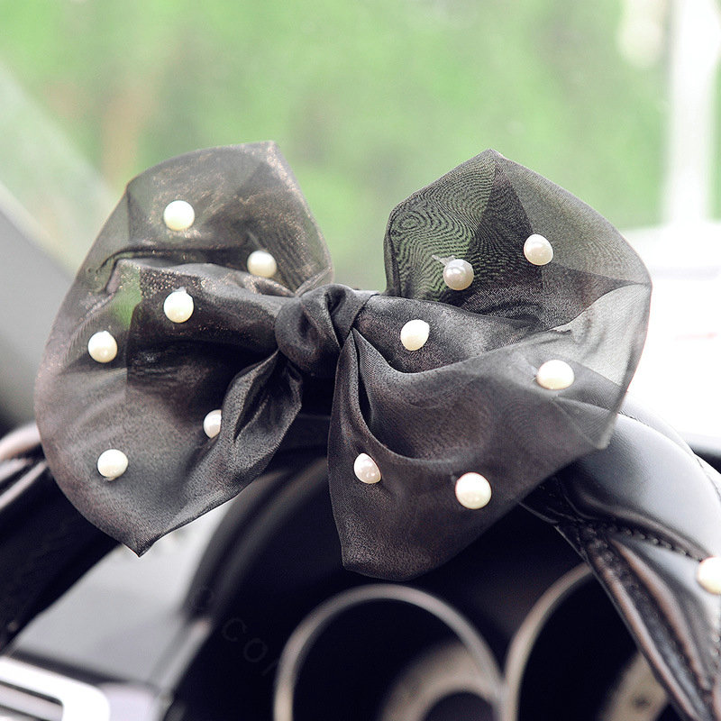 Pearls Lace Bowknot PU Leather Vehicle Steering Wheel Covers 15 inch 38CM - Black