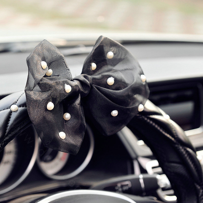 Pearls Lace Bowknot PU Leather Vehicle Steering Wheel Covers 15 inch 38CM - Black