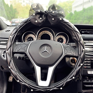 Pearls Lace Bowknot PU Leather Vehicle Steering Wheel Covers 15 inch 38CM - Black