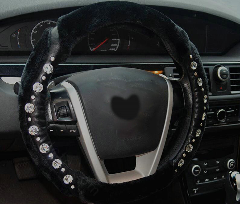Personalized Fur Wool Leather Crystal Car Steering Wheel Covers 15 Inch 38CM - Black