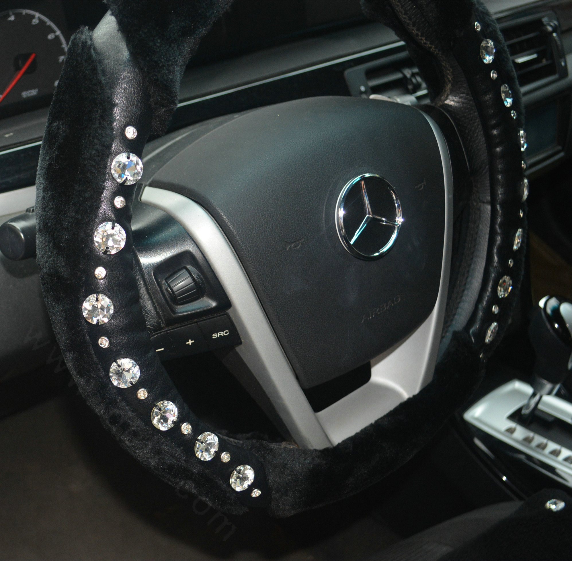 Personalized Fur Wool Leather Crystal Car Steering Wheel Covers 15 Inch 38CM - Black