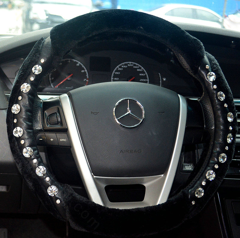 Personalized Fur Wool Leather Crystal Car Steering Wheel Covers 15 Inch 38CM - Black