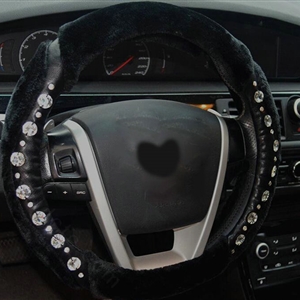 Personalized Fur Wool Leather Crystal Car Steering Wheel Covers 15 Inch 38CM - Black