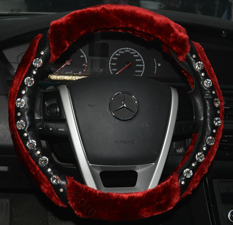 Personalized Fur Wool Leather Crystal Car Steering Wheel Covers 15 Inch 38CM - Red