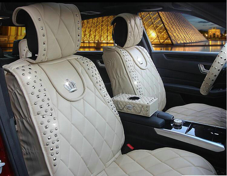 Personalized Leather Car Seat Covers Punk Rivet Universal Auto Cushion 10pcs Sets - Beige