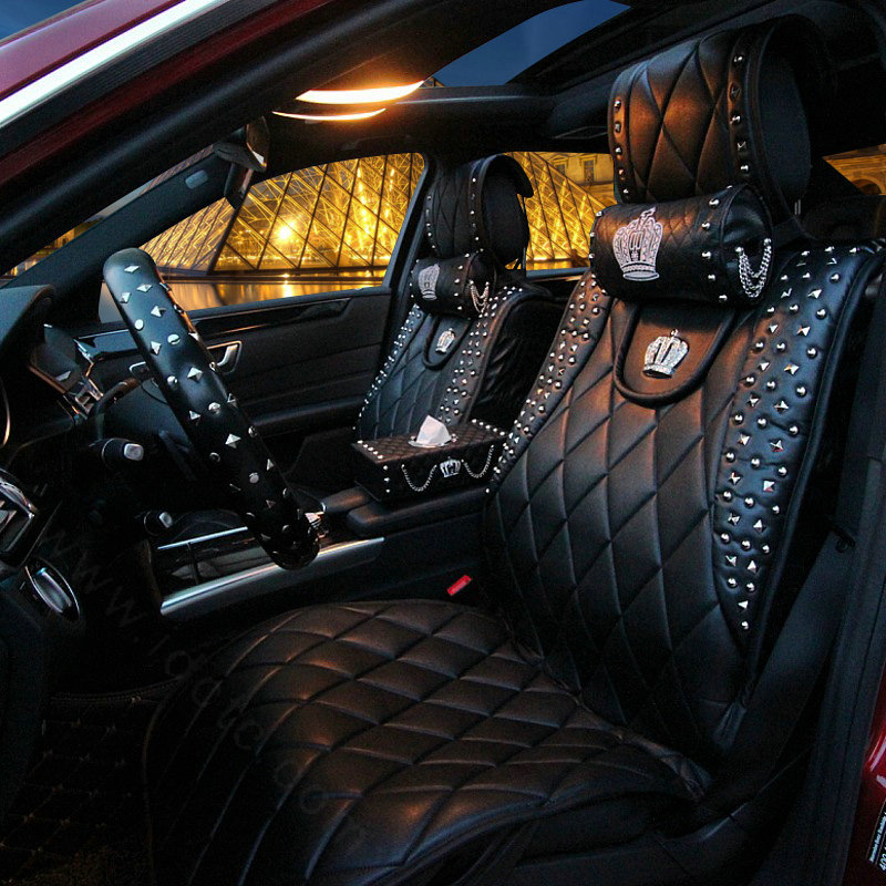 Personalized Leather Car Seat Covers Punk Rivet Universal Auto Cushion 10pcs Sets - Black