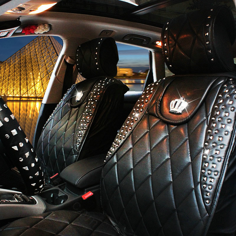 Personalized Leather Car Seat Covers Punk Rivet Universal Auto Cushion 10pcs Sets - Black