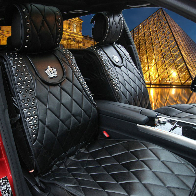 Personalized Leather Car Seat Covers Punk Rivet Universal Auto Cushion 10pcs Sets - Black