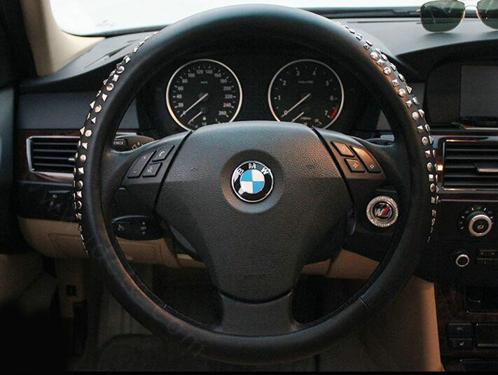 Personalized Punk Rivets Genuine Leather Car Steering Wheel Covers 15 inch 38CM - Black