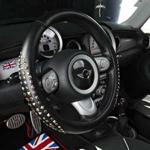 Personalized Punk Rivets Genuine Leather Car Steering Wheel Covers 15 inch 38CM - Black