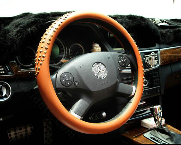 Personalized Punk Rivets Genuine Leather Car Steering Wheel Covers 15 inch 38CM - Brown