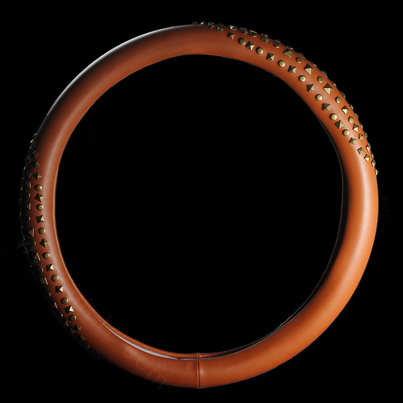 Personalized Punk Rivets Genuine Leather Car Steering Wheel Covers 15 inch 38CM - Brown