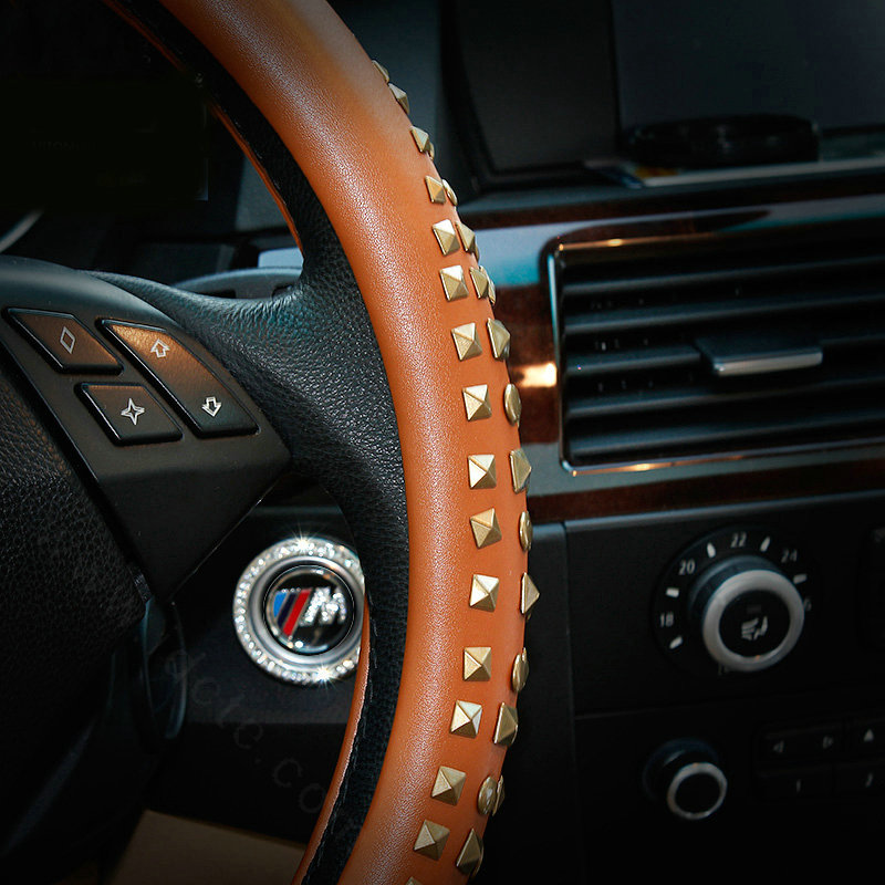Personalized Punk Rivets Genuine Leather Car Steering Wheel Covers 15 inch 38CM - Brown