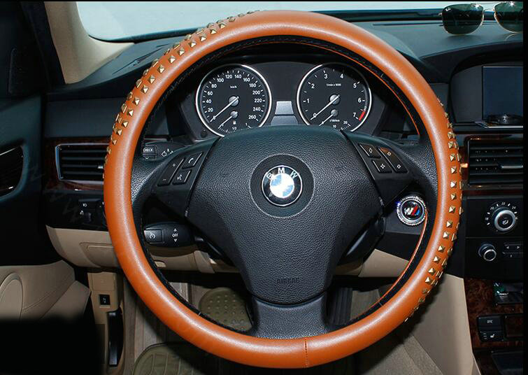 Personalized Punk Rivets Genuine Leather Car Steering Wheel Covers 15 inch 38CM - Brown