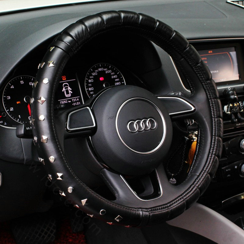 Personalized Punk Rivets PU Leather Car Steering Wheel Covers 15 inch 38CM - Black