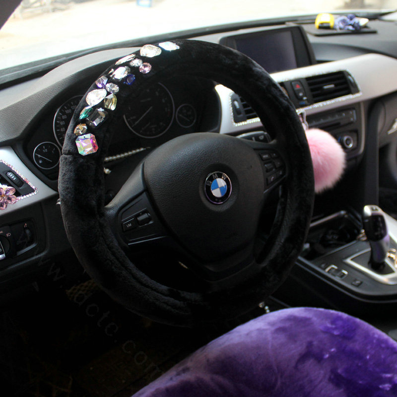 Personalized Women Rhinestone Plush Car Steering Wheel Covers 15 inch 38CM - Black