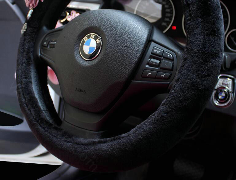 Personalized Women Rhinestone Plush Car Steering Wheel Covers 15 inch 38CM - Black