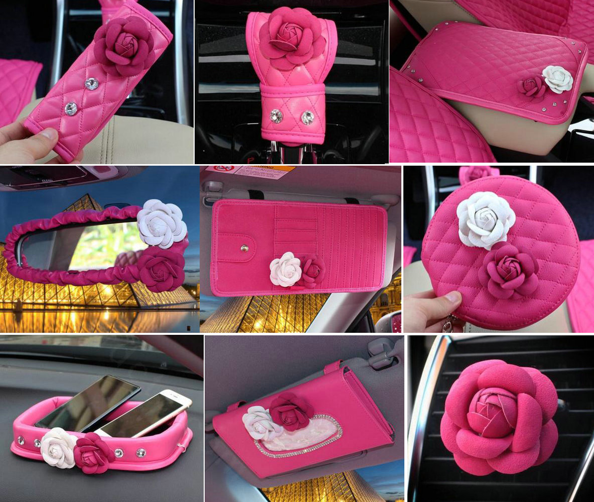 Princess Style Flower Leather Car Interior Accessories Sets 9pcs Girls Creativity Covers - Rose
