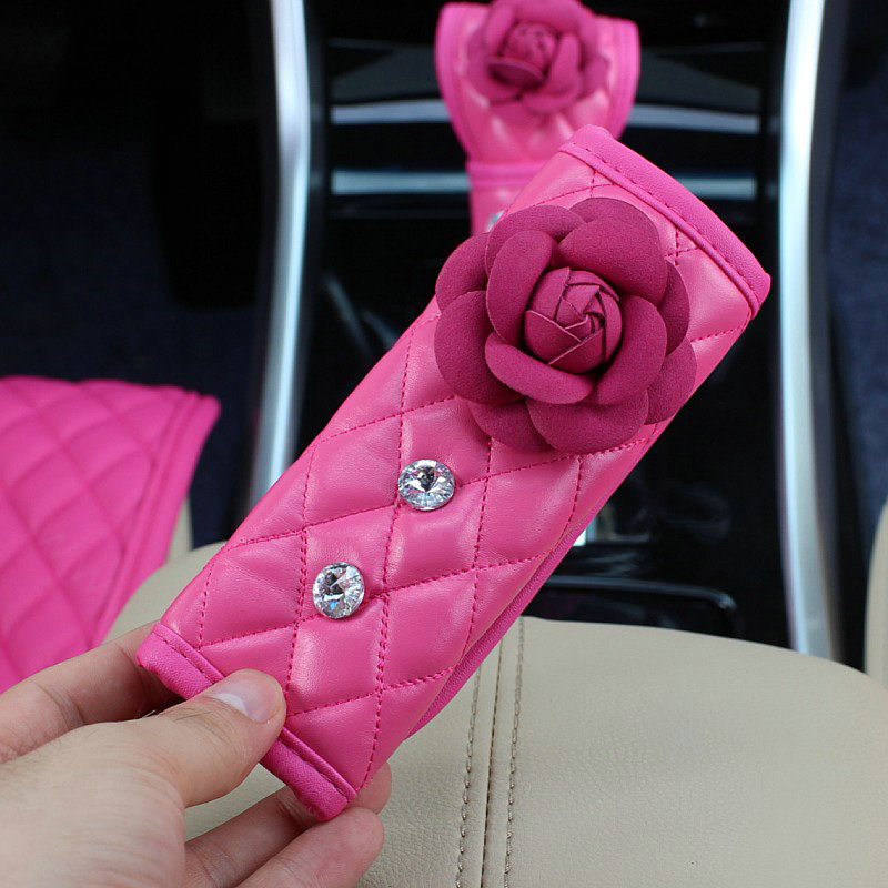 Princess Style Flower Leather Car Interior Accessories Sets 9pcs Girls Creativity Covers - Rose