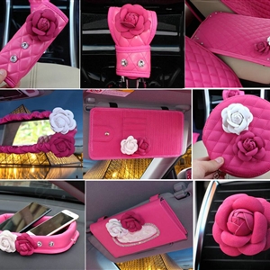 Princess Style Flower Leather Car Interior Accessories Sets 9pcs Girls Creativity Covers - Rose