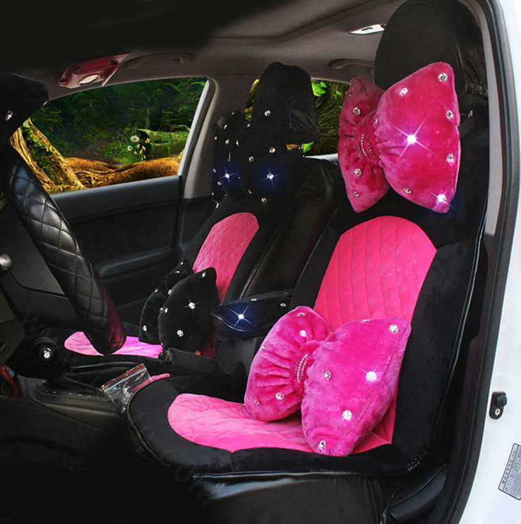 Soft Plush Car Seat Covers for Women Universal Winter Warm Seat Cushion 10pcs Sets - Black Rose
