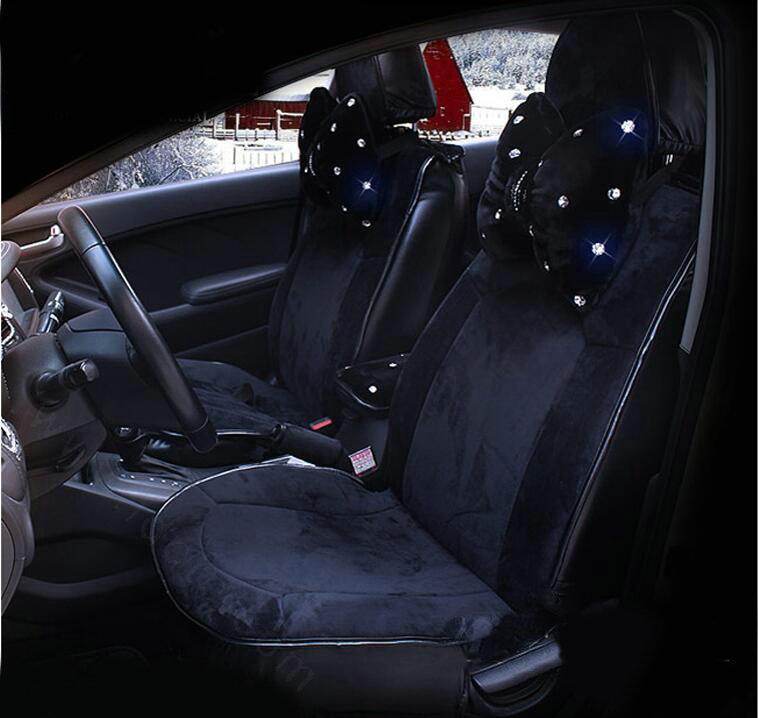 Soft Plush Car Seat Covers for Women Universal Winter Warm Seat Cushion 10pcs Sets - Black