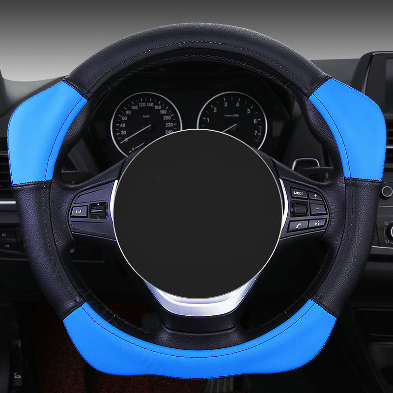 Sports Handle Grip Car Steering Wheel Covers Genuine Leather 15 inch 38CM - Blue Black