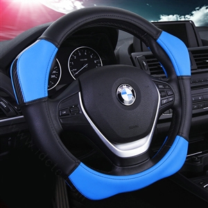 Sports Handle Grip Car Steering Wheel Covers Genuine Leather 15 inch 38CM - Blue Black