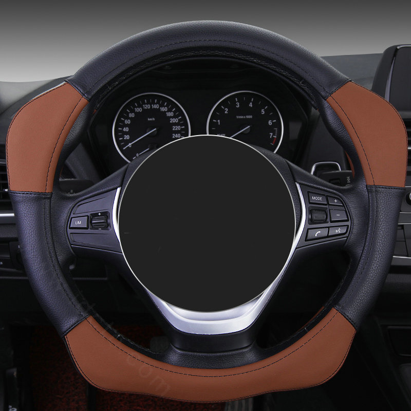 Sports Handle Grip Car Steering Wheel Covers Genuine Leather 15 inch 38CM - Brown Black