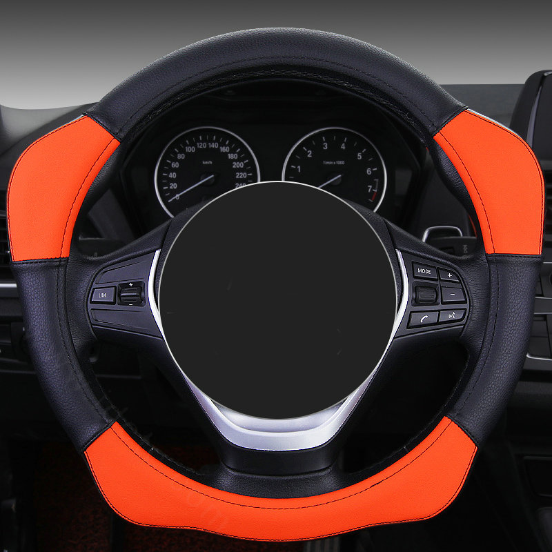 Sports Handle Grip Car Steering Wheel Covers Genuine Leather 15 inch 38CM - Orange Black