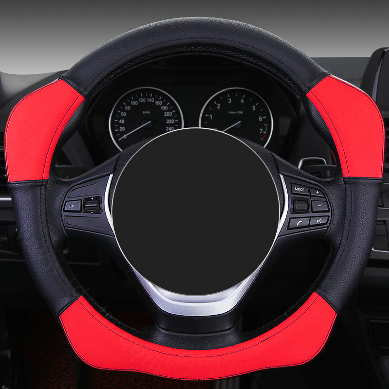 Sports Handle Grip Car Steering Wheel Covers Genuine Leather 15 inch 38CM - Red Black